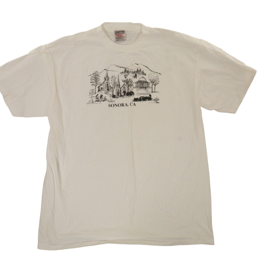 Vintage Oneita T-Shirt Sonora CA Graphic Print White Cotton Single Stitch Men XL